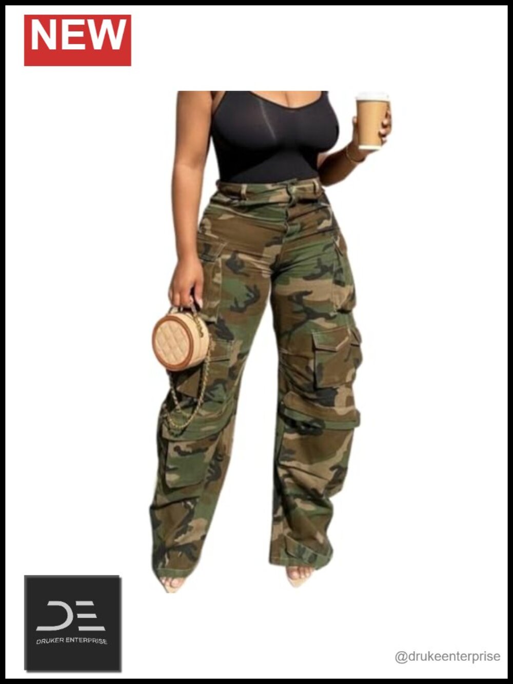 Women's Stretch Cargo Wide Leg Pants Camo Print High Waist